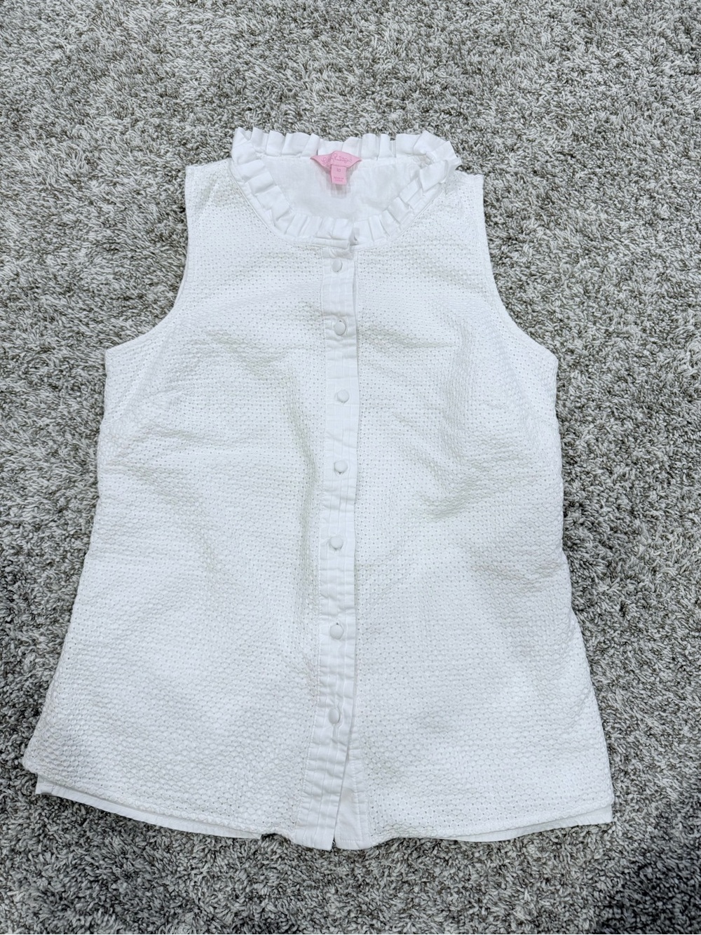 Lilly Pulitzer White Sleeveless Ruffle Collar Button-Down Top Womens 10